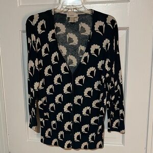 LOFT Forest Green, Black, and Cream Art Deco Floral Cardigan